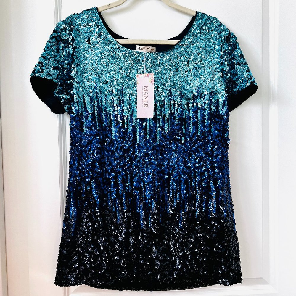 MANER Women’s Full Sequin Tops Glitter Party Shirt Short Sleeve Sparkle Blouses